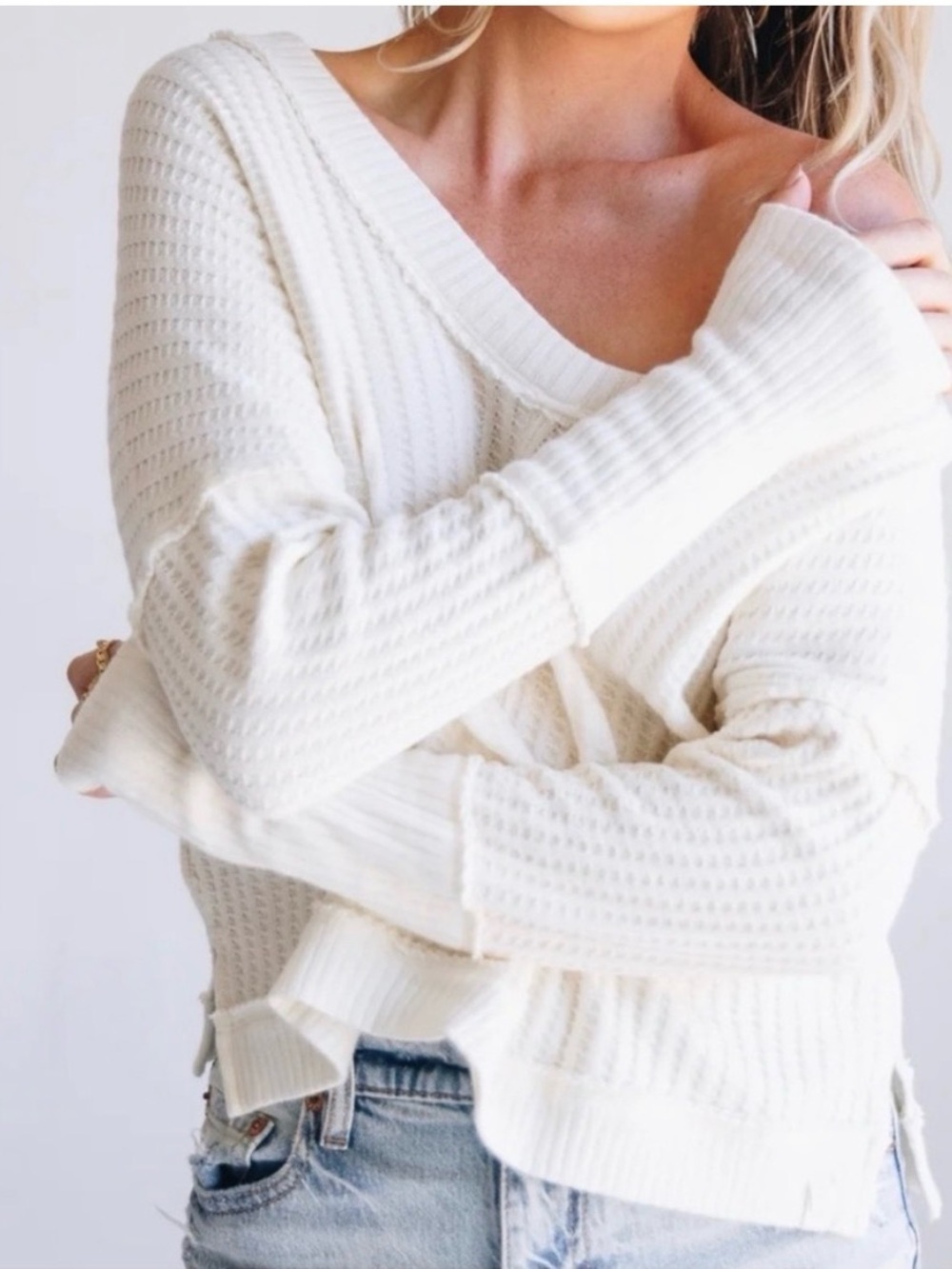 Free People We The Free New Magic Thermal Top Small Cream Waffle Knit